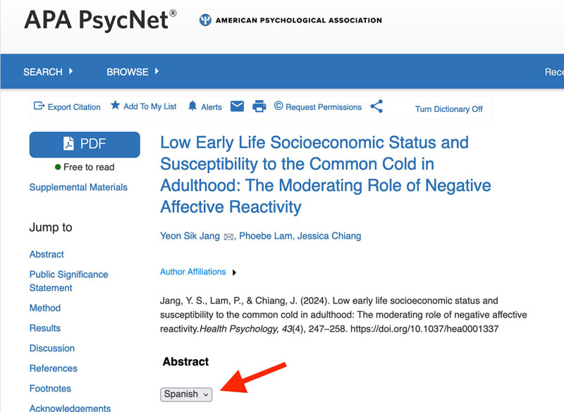 Screenshot showing the Spanish abstract selector on the APA PsycNet article.